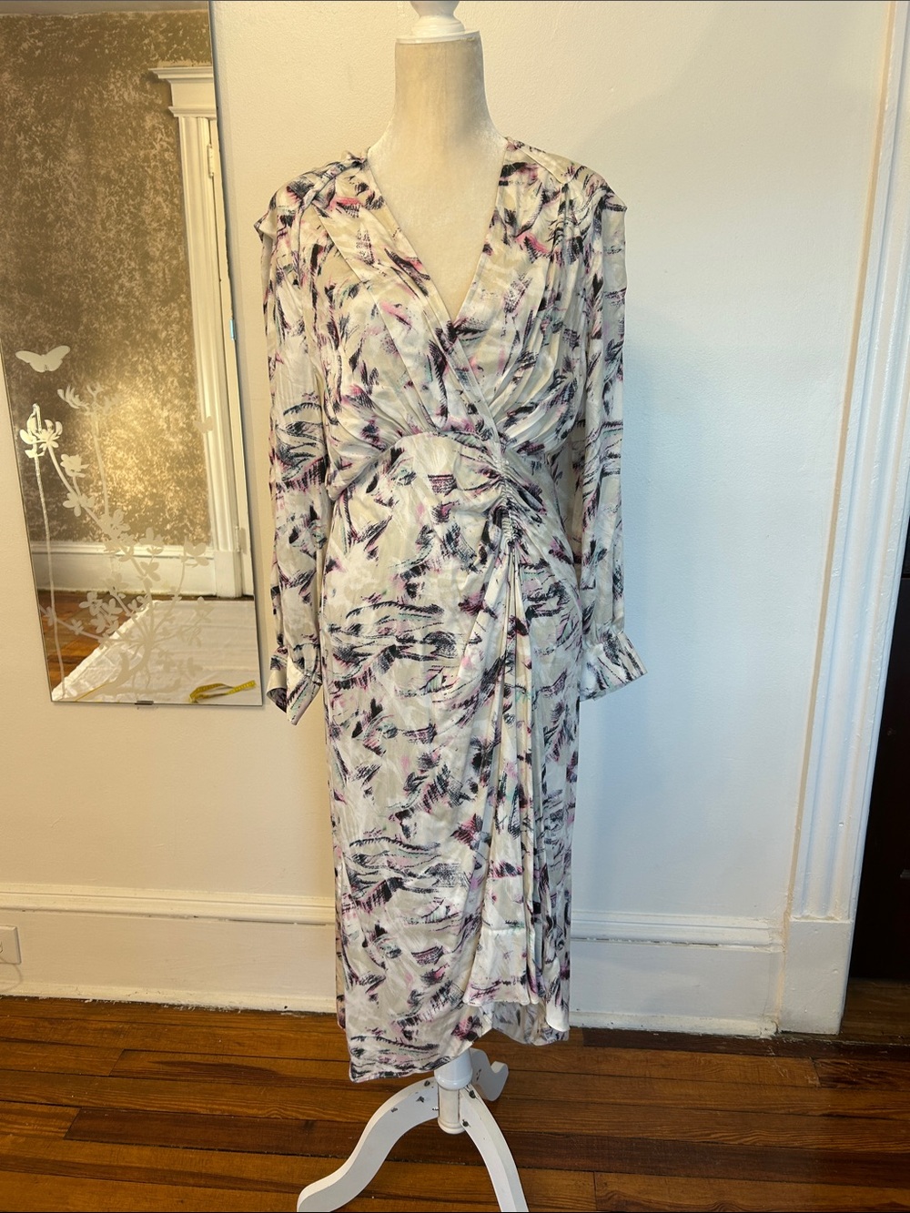 I R O Midi Dress in Cream with Purple Floral Print